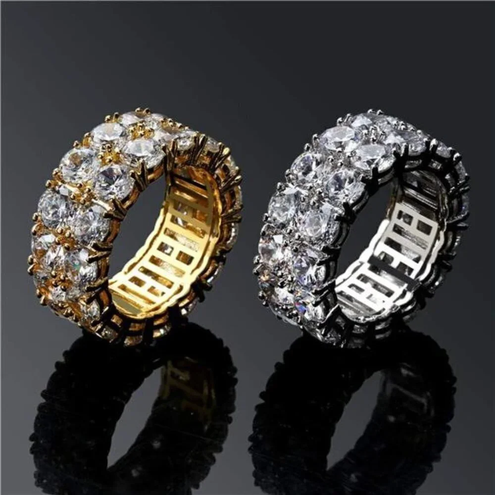 👉 9mm 2Rows Round Cut 14K Silver Plated Iced Out Lab Diamond Bands Ring